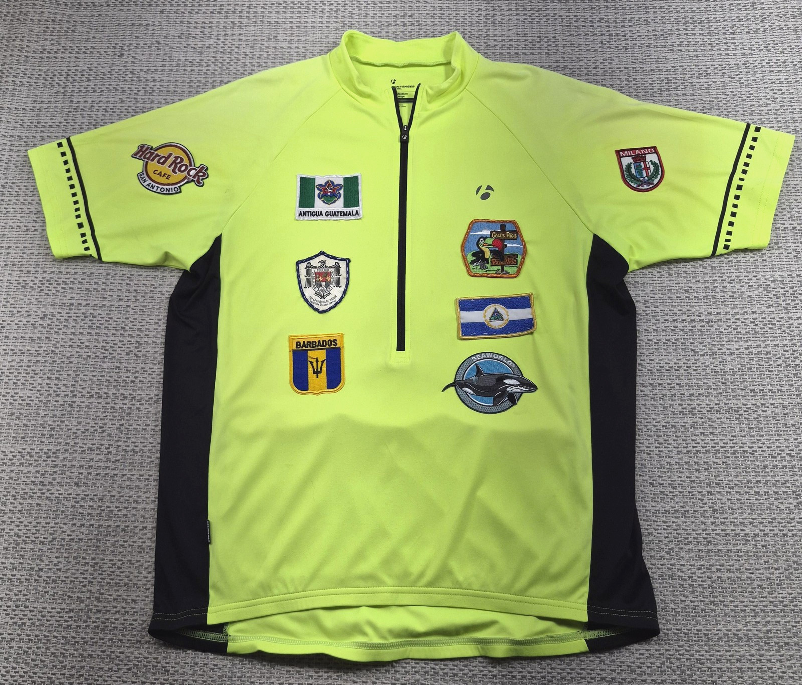 Bontrager Solstice Cycling Jersey Shirt Mens Medium HiViz Yellow 1/4 Zip Patches