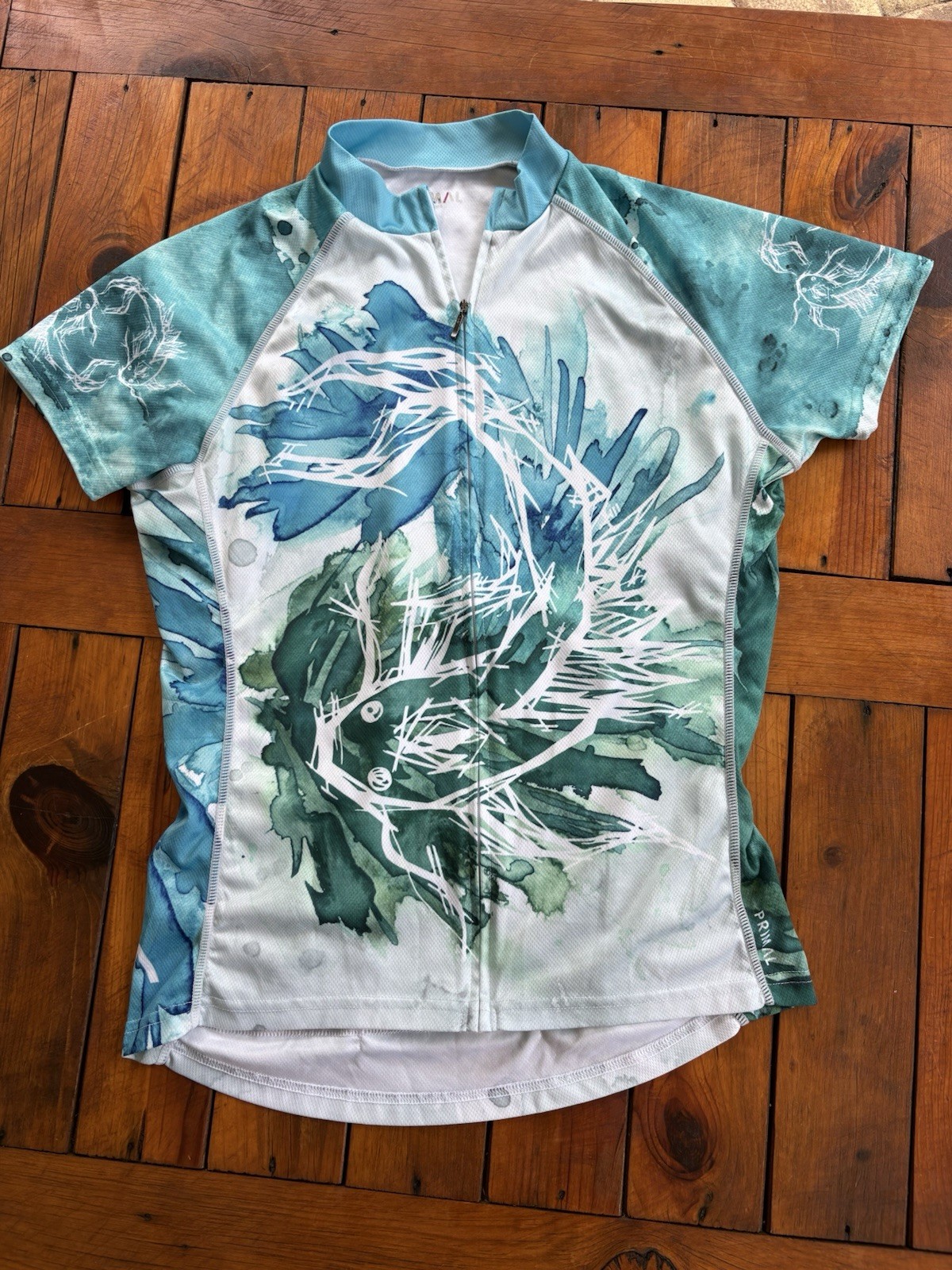 Primal Women’s Cycling Jersey, Sz M, Abstract Leaf Print, Aqua, Green, Pockets