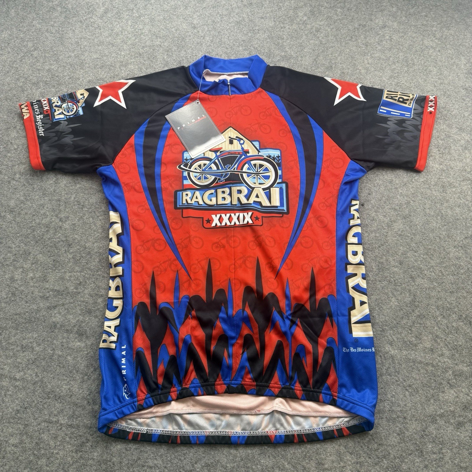 NEW Primal Cycling Jersey Mens Large Full Zip Short Sleeve Red Blue Raglan NWT