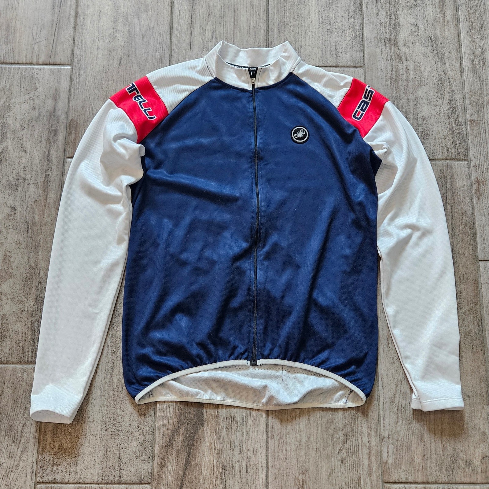Castelli Cycling Jersey Mens L Blue White Long Sleeve Full Zip Pockets Bike Race