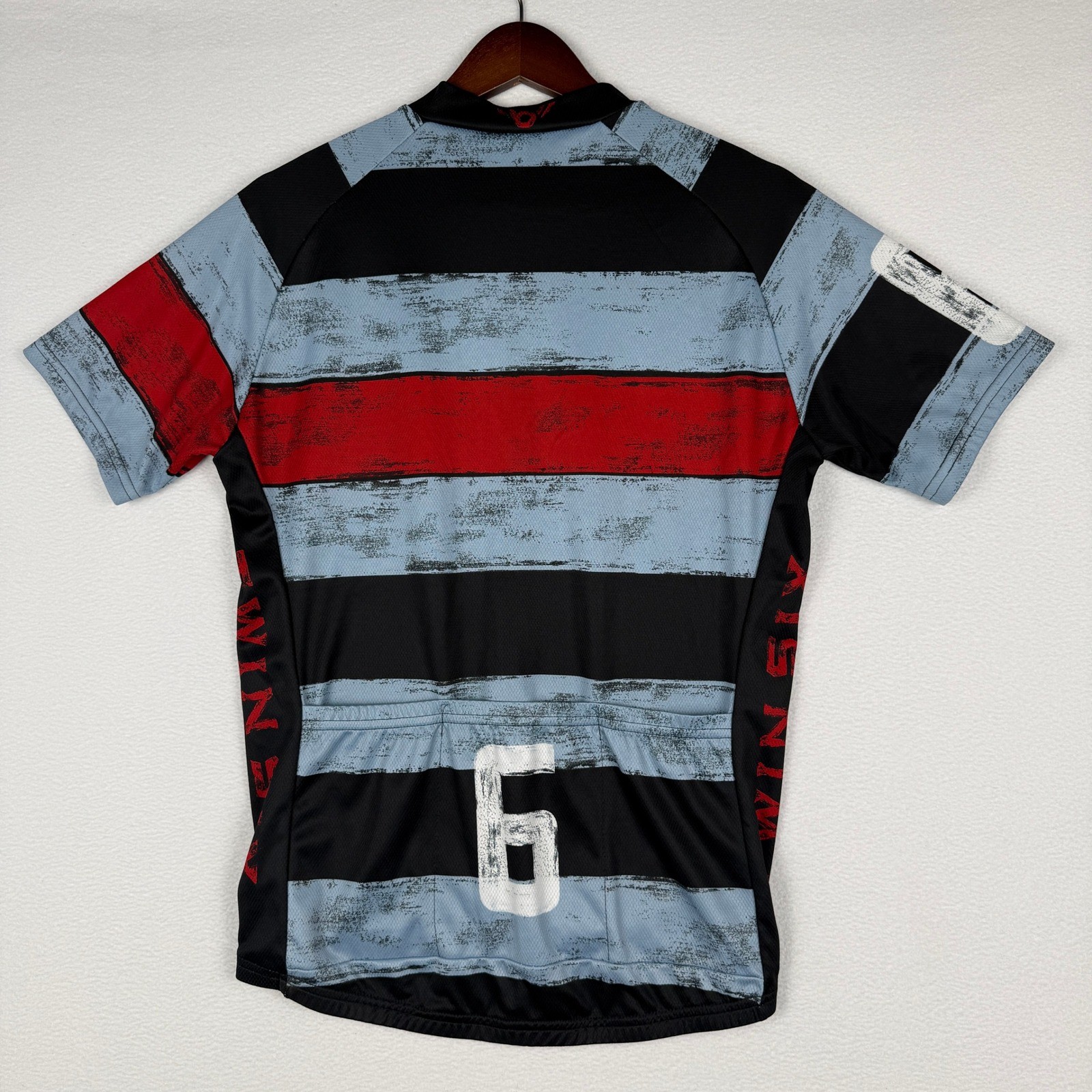 Twin Six Masher Cycling Jersey Mens L Blue Black Striped 3/4 Zip Back Pockets