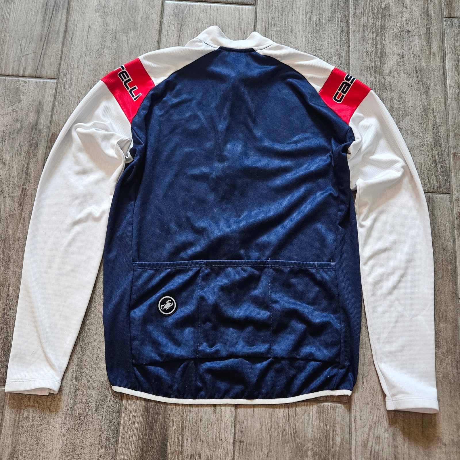 Castelli Cycling Jersey Mens L Blue White Long Sleeve Full Zip Pockets Bike Race