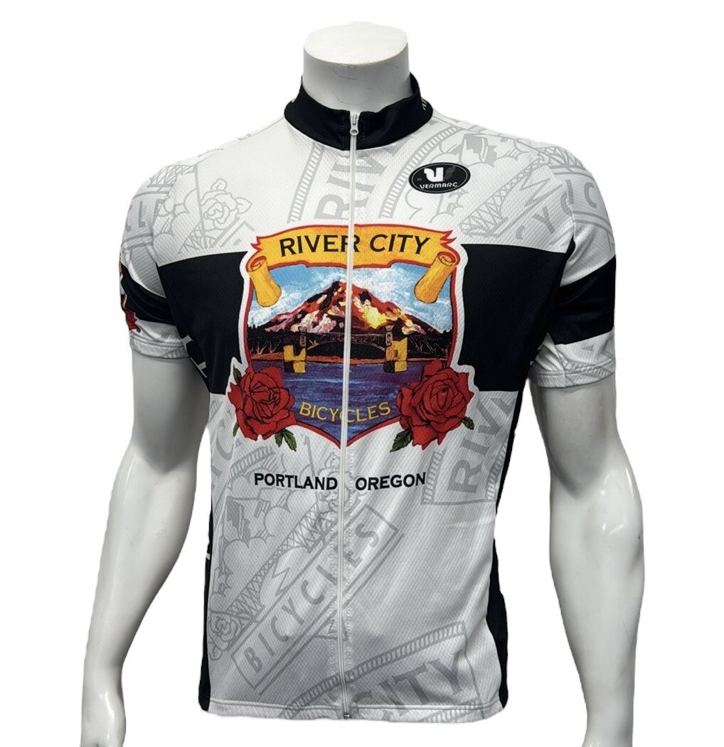 River City Bicycles Portland Oregon White Multi-Color Graphic Cycling Jersey