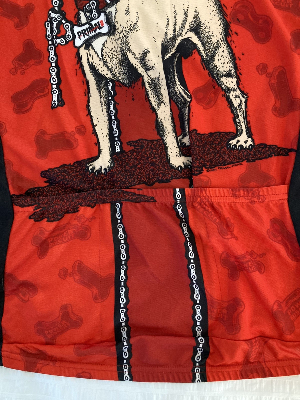 VTG 1997 Primal Wear Dogma Cycling Jersey Mens L Power Biscuit Dog 3/4 Zip AOP