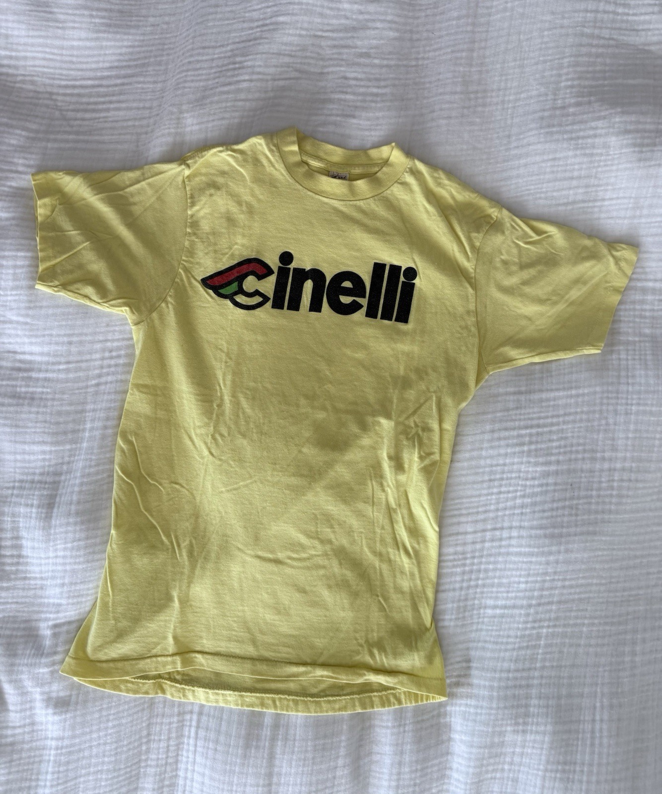 VTG Cinelli Yellow Cycling T-Shirt Logo Rear Pockets Crew Neck 100% Cotton L