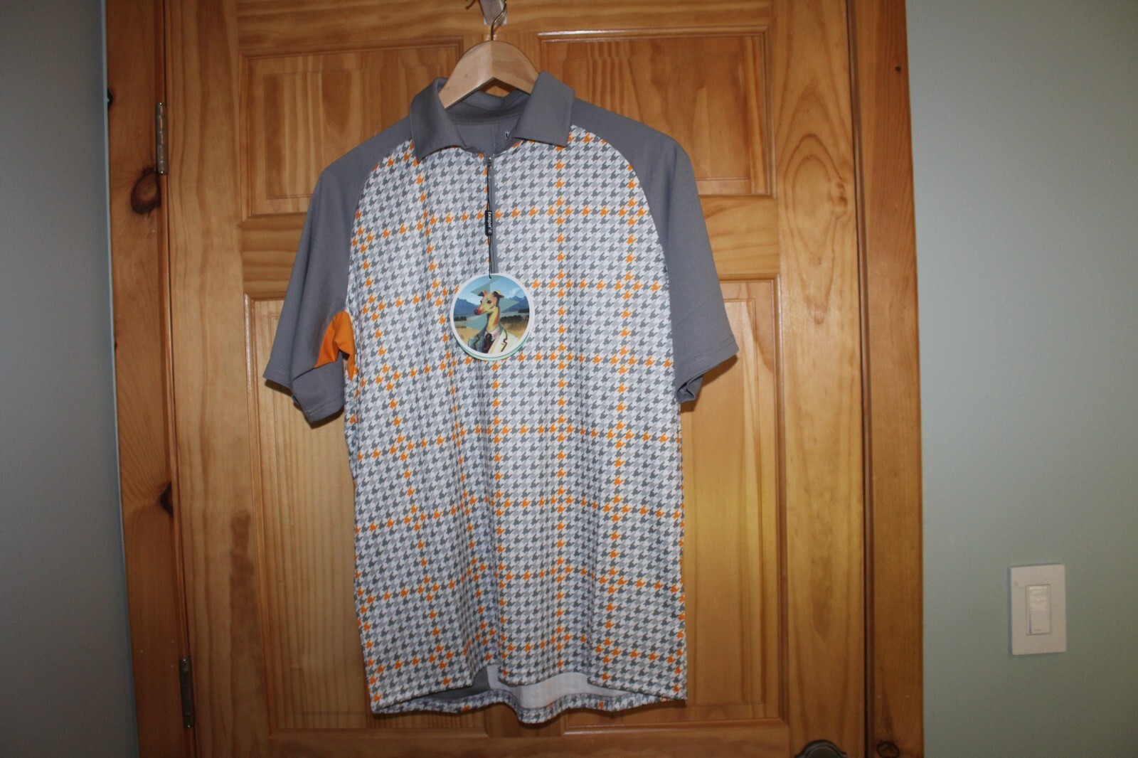 ixspa Men’s Gray/Orange Hound-Tooth-Check, Zip-Polo Cycling Shirt – M NWT