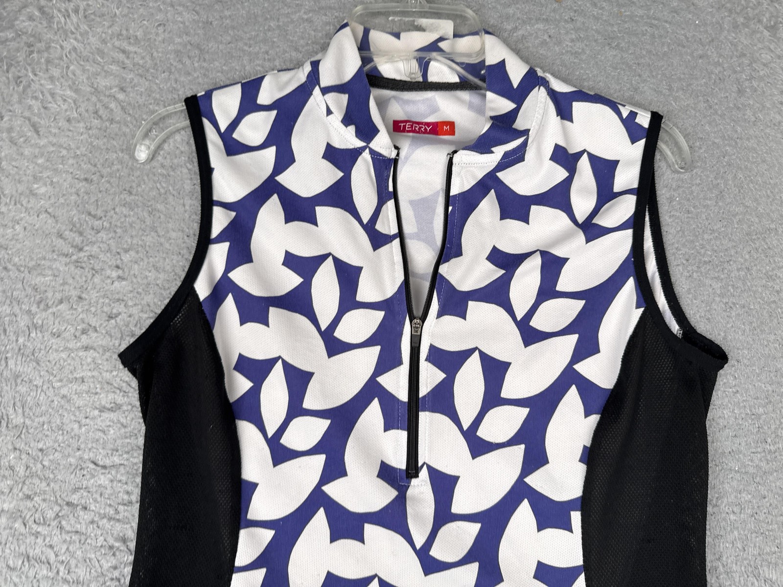 Terry Cycling Jersey Womens Medium Blue Floral Tank 1/4 Zip Pockets Bike