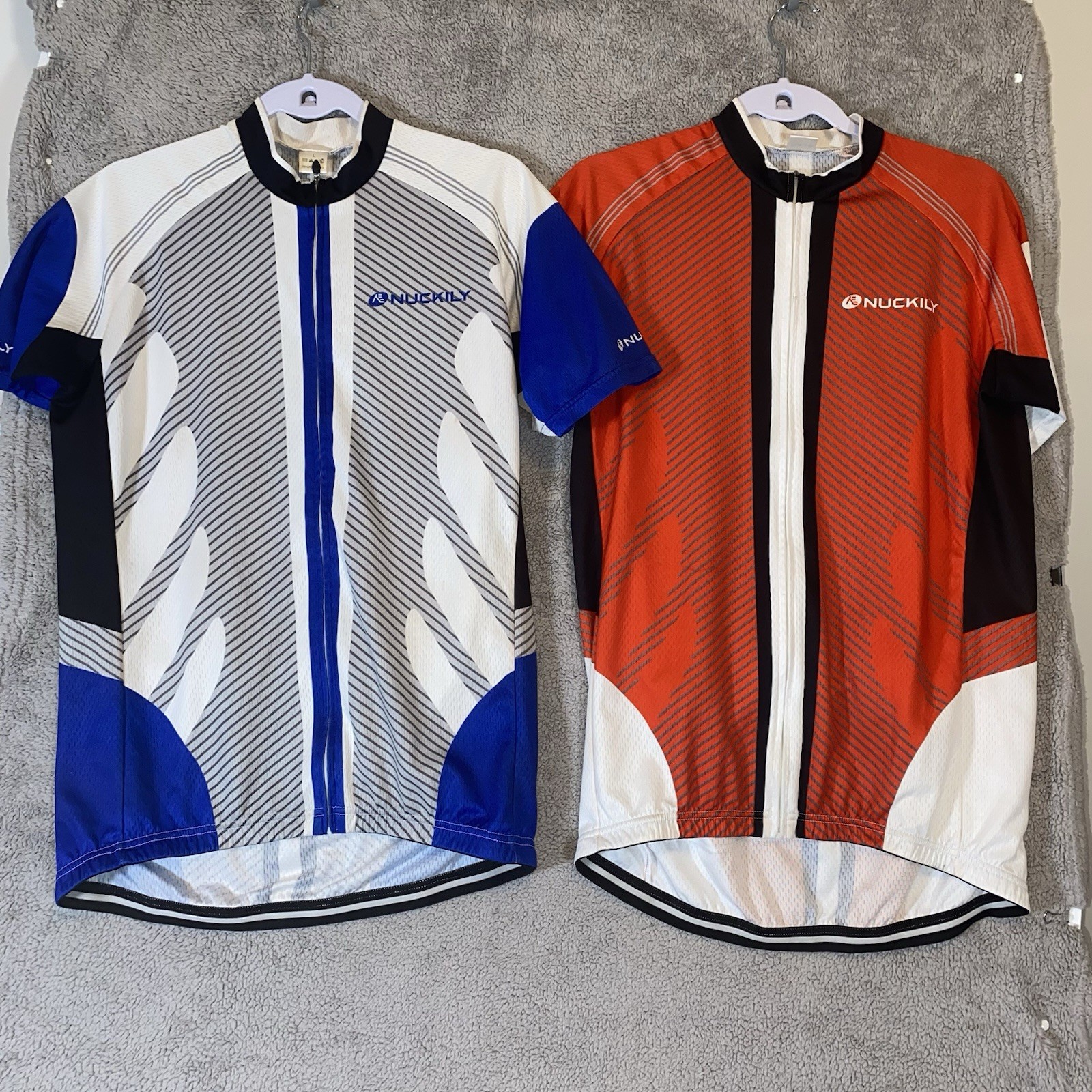 NUCKILY Men’s Cycling Jersey Lot 2 Large Blue Red Short Sleeve Full Zip Race Fit
