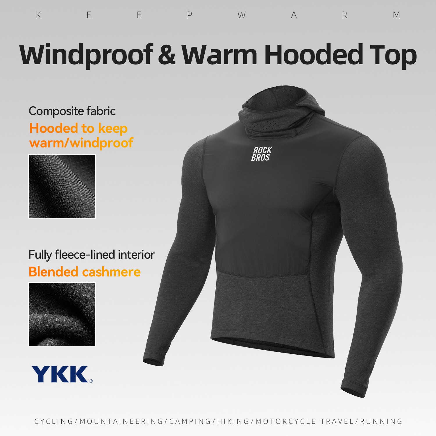 ROCKBROS Men’s Winter Long Sleeve Base Top Thermal Compression Shirt Hoodie Mask