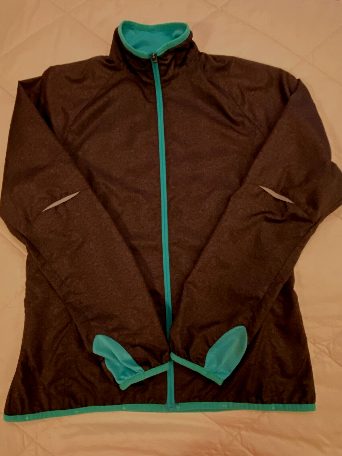 REI LIGHTWEIGHT BIKING SHELL, Black & teal. Media port. PACKABLE! Women’s Med