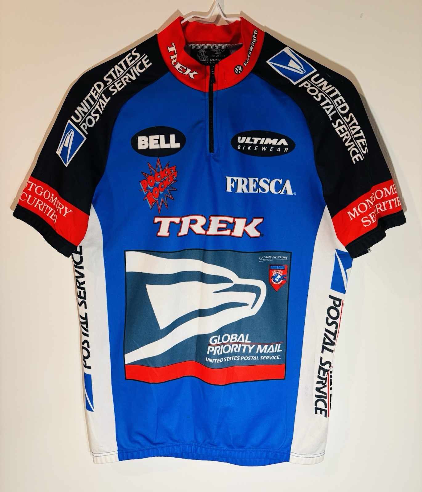 Vintage Cycling Jersey Mens Blue Short Sleeve USPS Three Pocket Bike 1/2 Zip