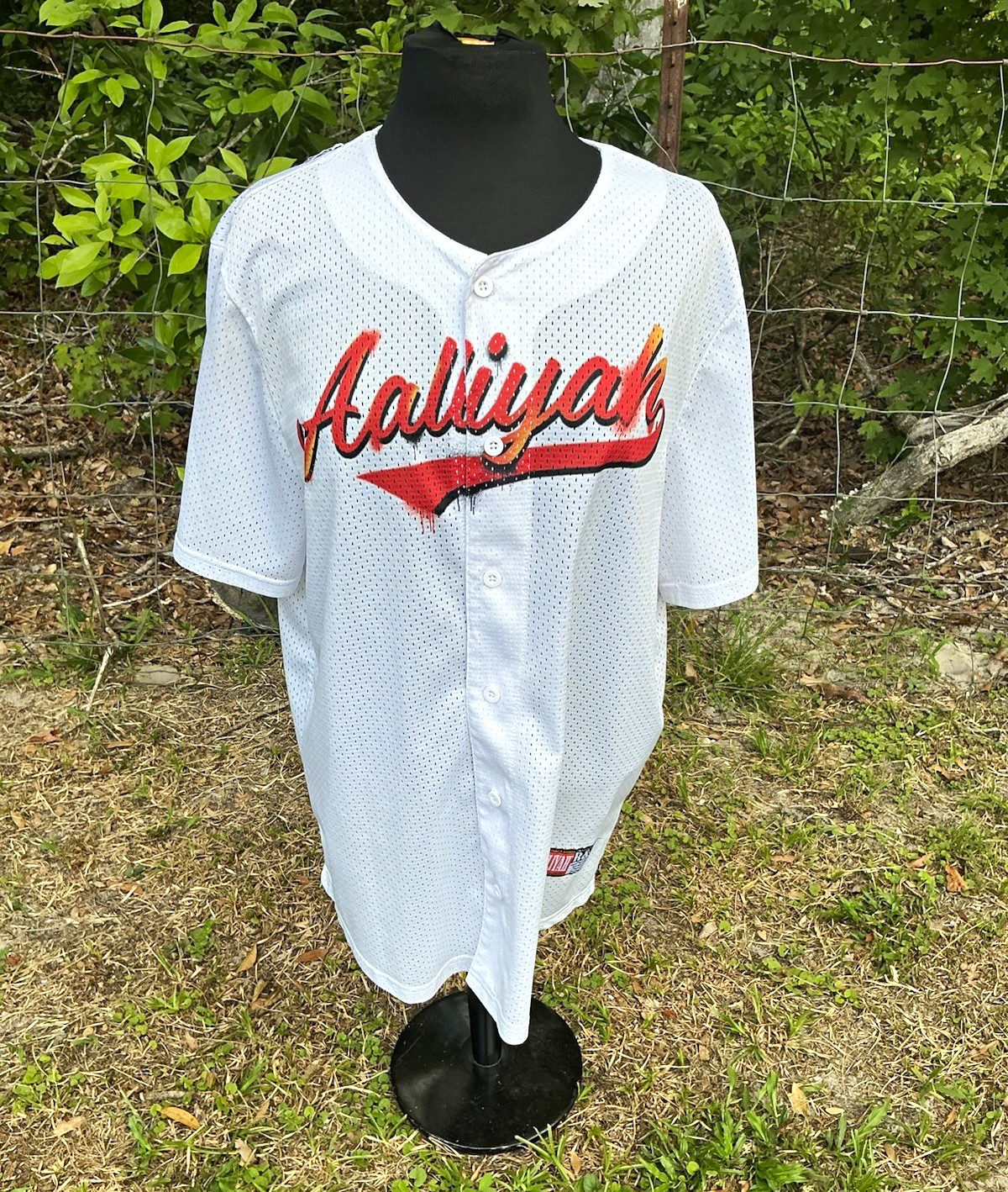 Aaliyah Men’s White Mesh Button-Up Baseball Jersey Shirt Graphic Print Collared