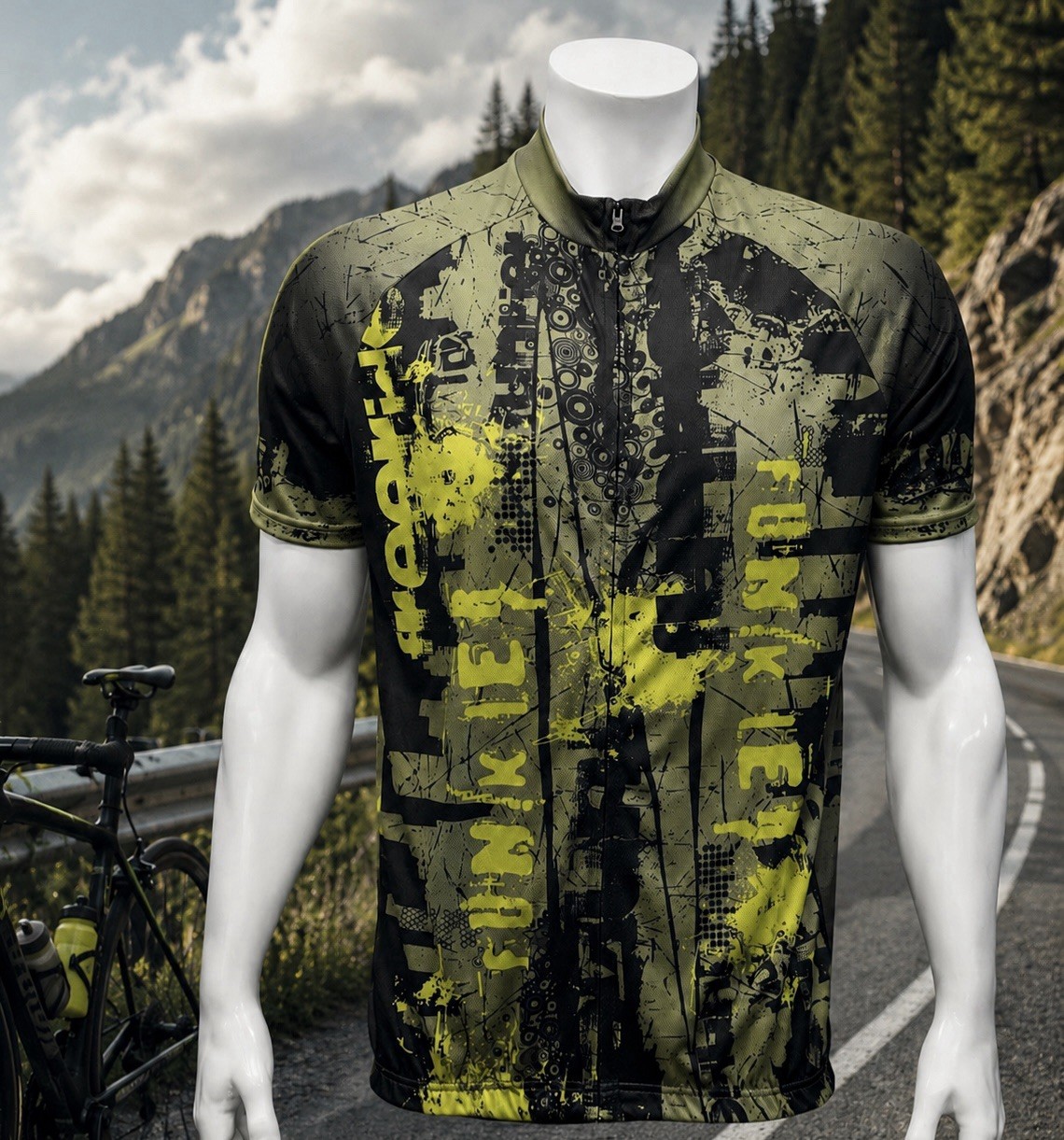 Funkier Army Green Yellow Full Graphic Spellout Cyling Jersey w/Back Pocket 3XL