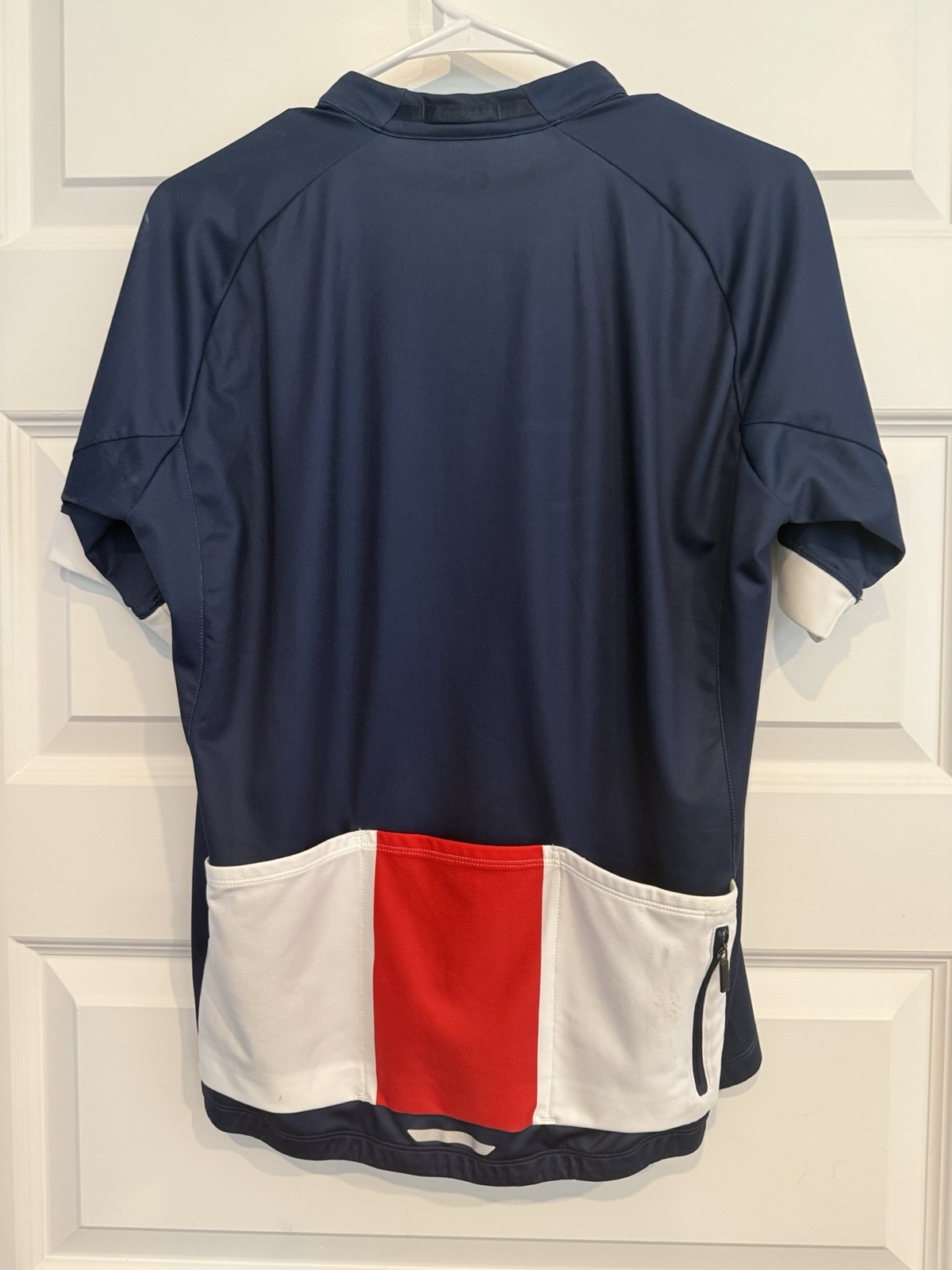 Trek Cycling Jersey Men’s L Blue White Red Short Sleeve Full Zip Pockets Poly