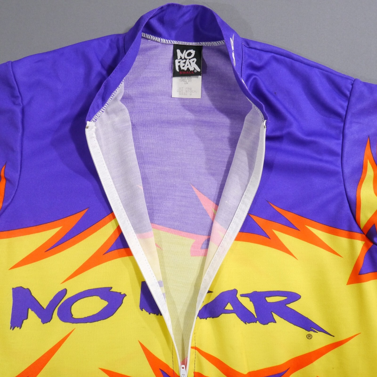 VTG 90’s USA No Fear Cycling Jersey Purple Zip All Over Print Fire Size Small