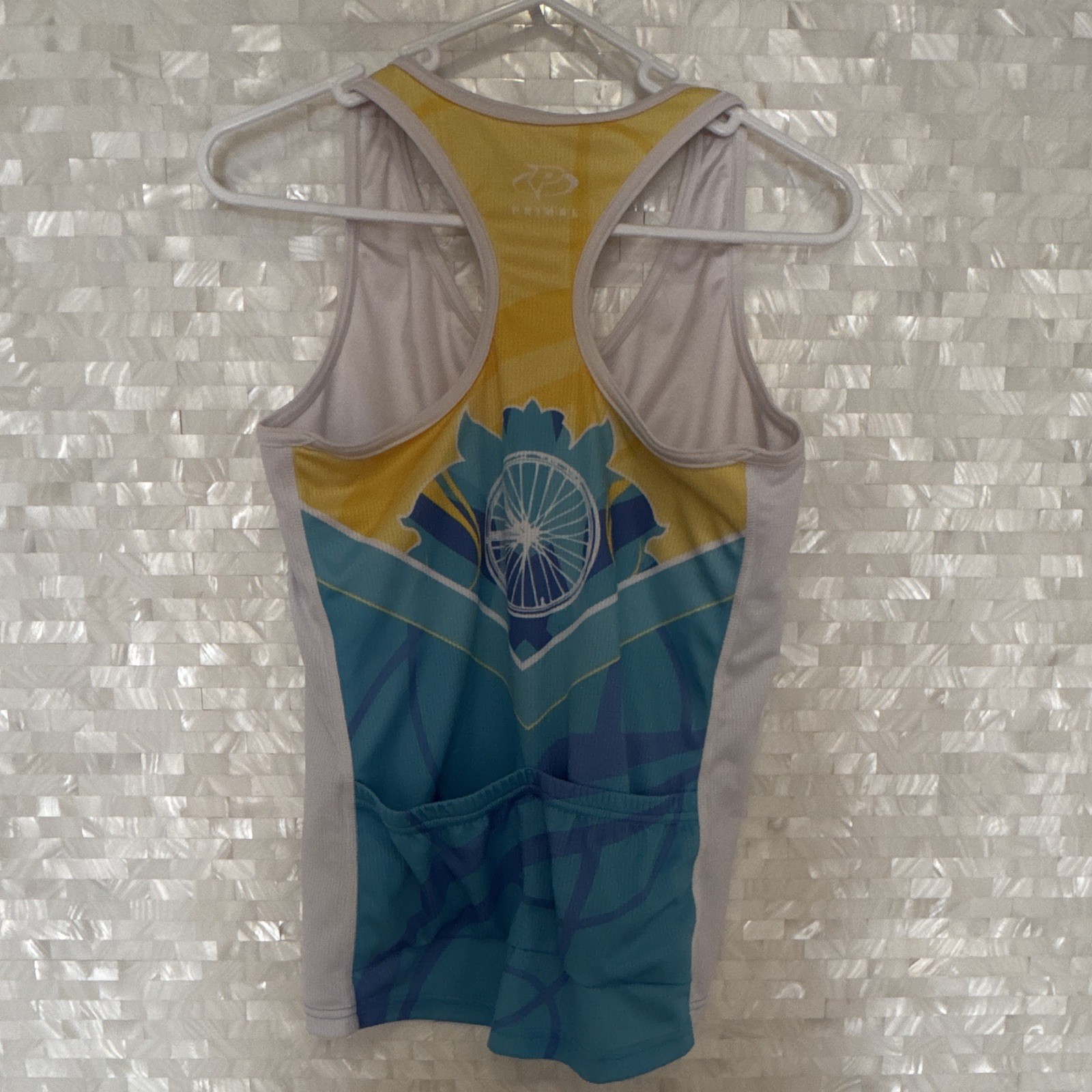 Primal Women’s Cycling Sleeveless Tank Jersey L Blue Yellow White Pockets Poly