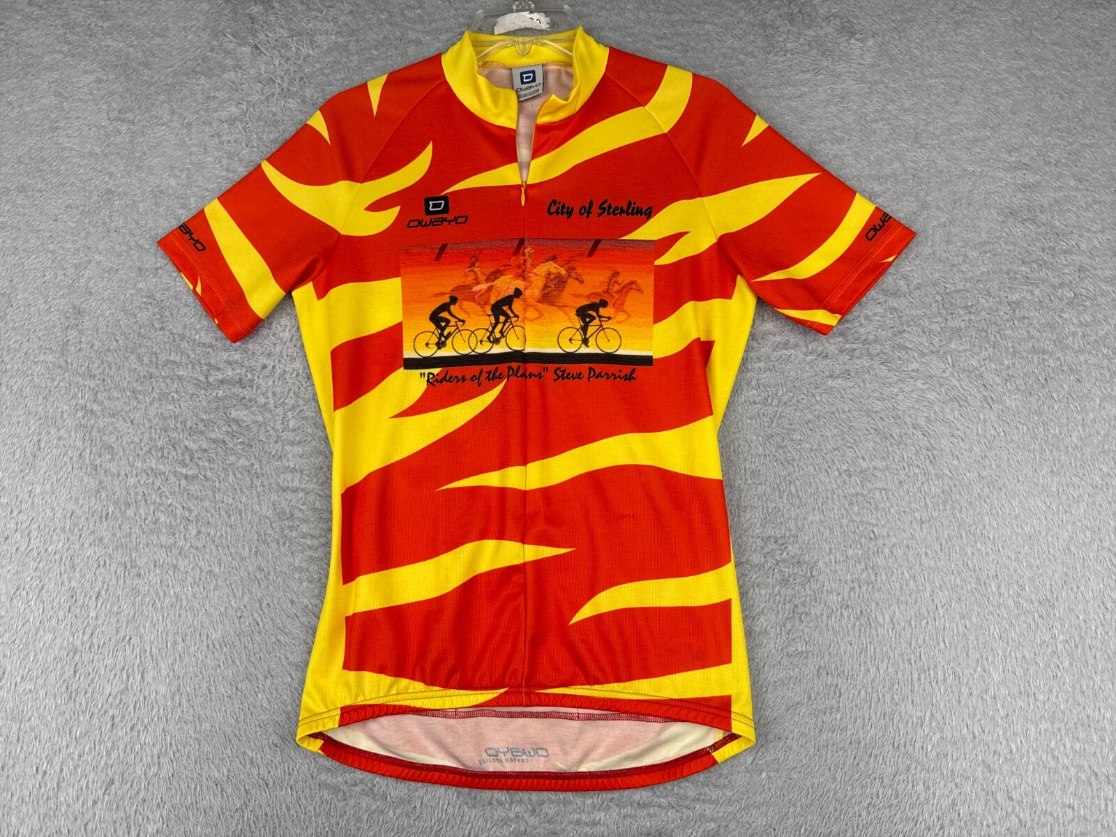 Owayo Cycling Jersey Men Medium Red Yellow Tiger Stripe 1/2 Zip City Of Sterling