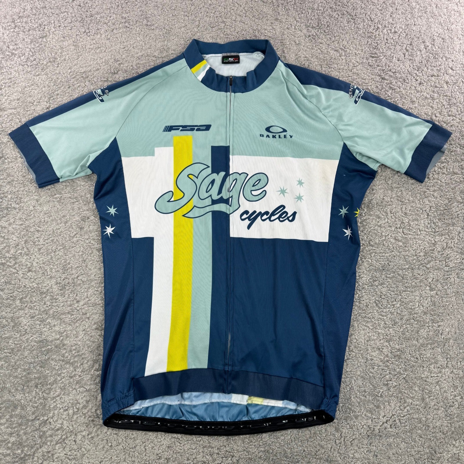 GSG Sage Cycles Oakley FSA Cycling Jersey Blue Teal Full Zip Short Sleeve Mens M