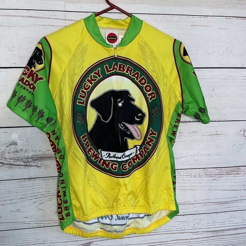 World Jerseys Men’s Cycle Jersey BIKE Shirt Size XL Green Yellow Polyester Dog**