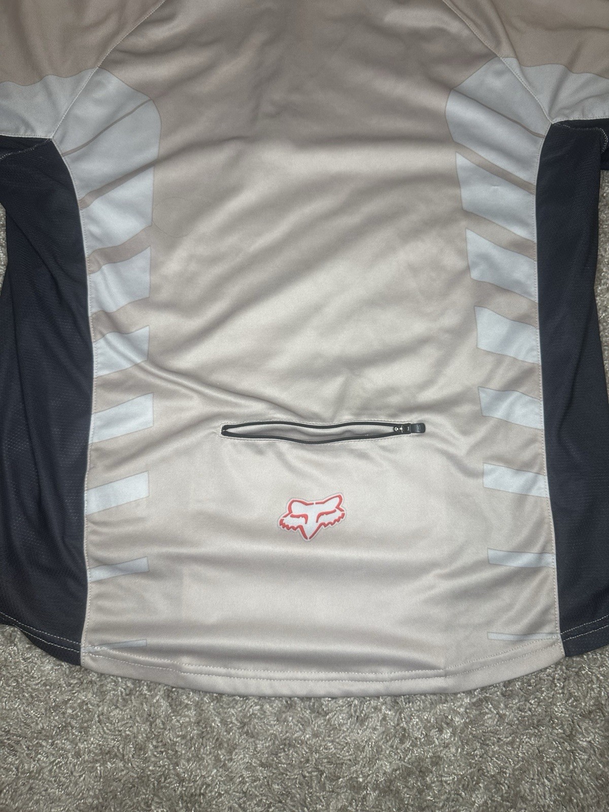 Vintage Fox Racing Cycling Jersey Mens L Tan Grey White 1/4 Zip Rear Pocket