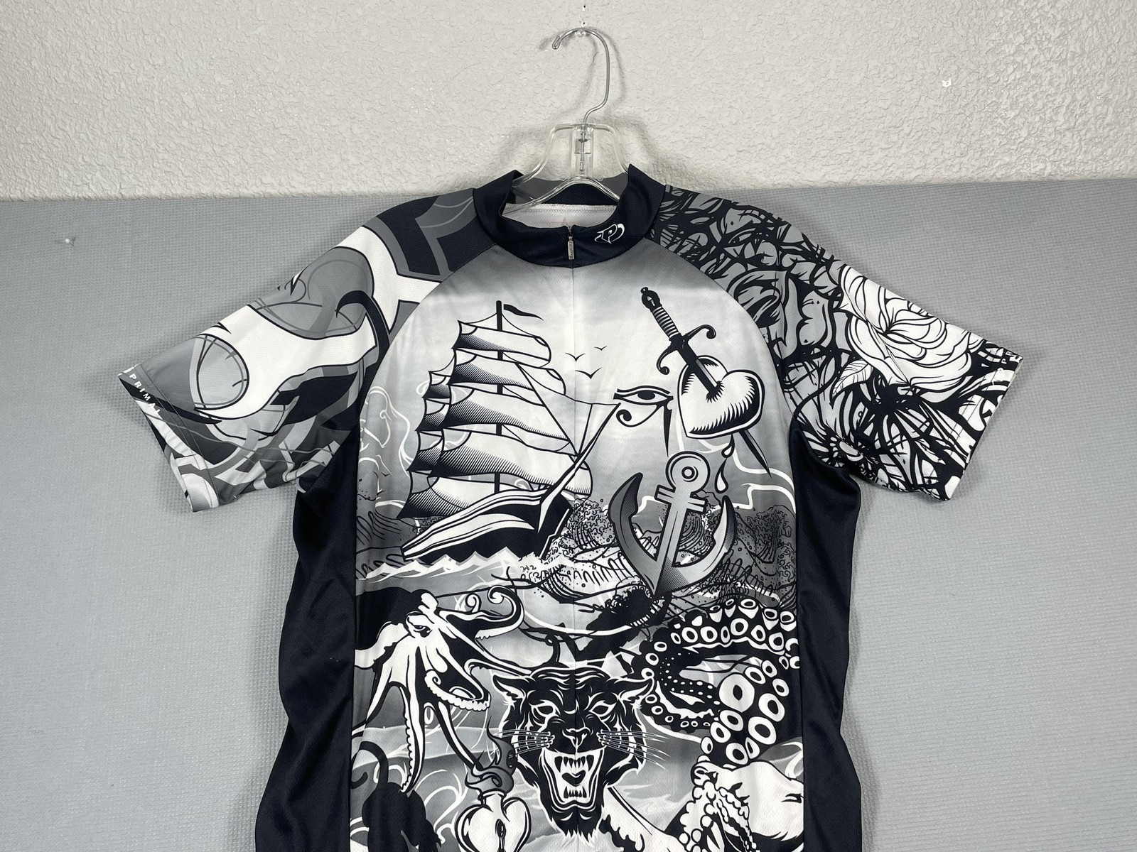 Primal Cycling Jersey Shirt Mens Large Black Zip Tattoo Nautical Skull Graphic