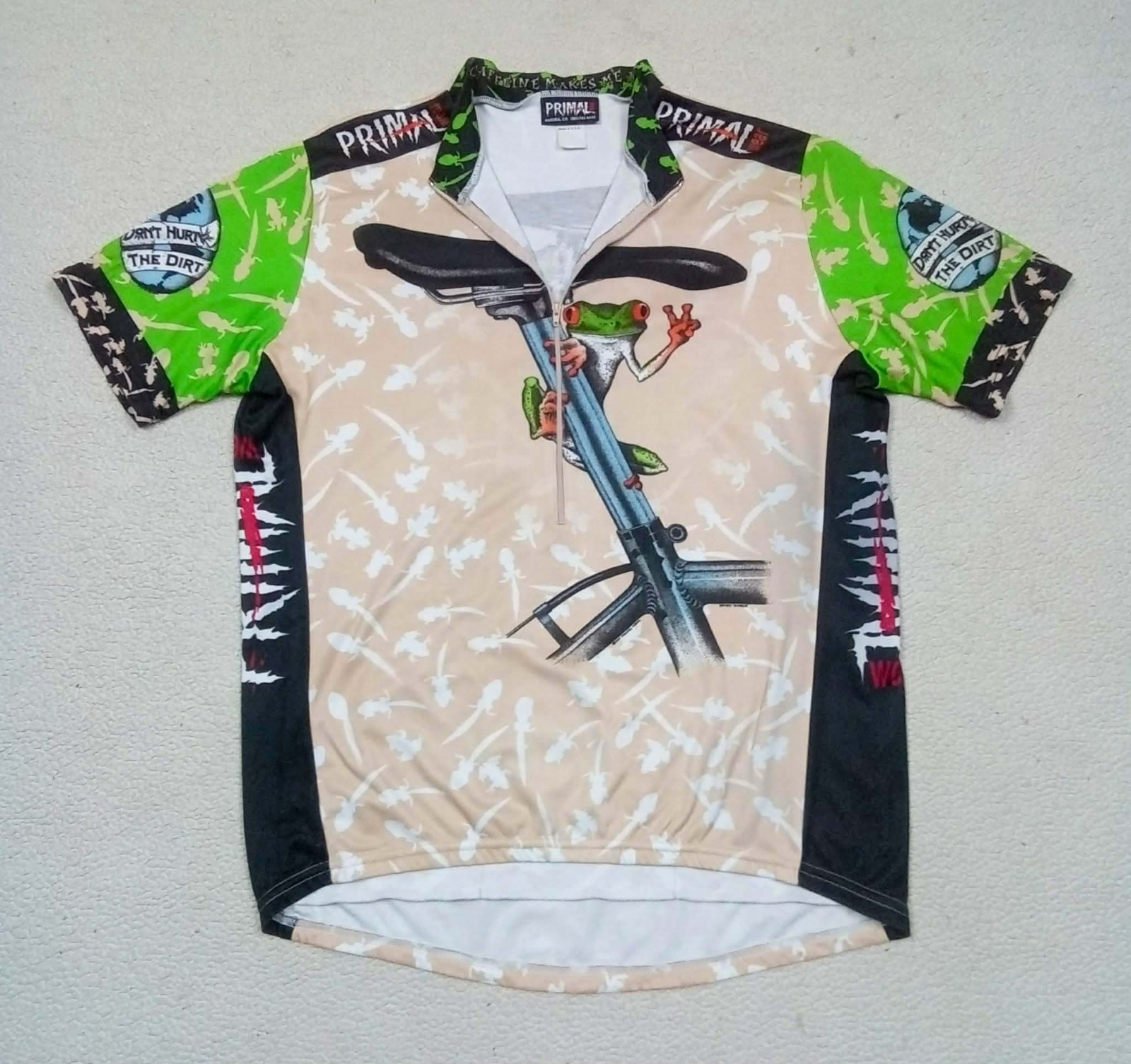 VTG 1999 Primal Wear “Easy Rider” Frog Cycling Jersey Caffeine Makes Me Jumpy XL