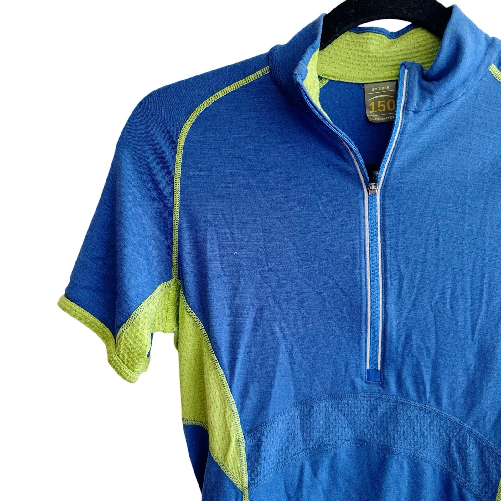 Icebreaker GT Go Tiger 150 Merino Wool Cycling Jersey Blue 1/2 Zip Size Small