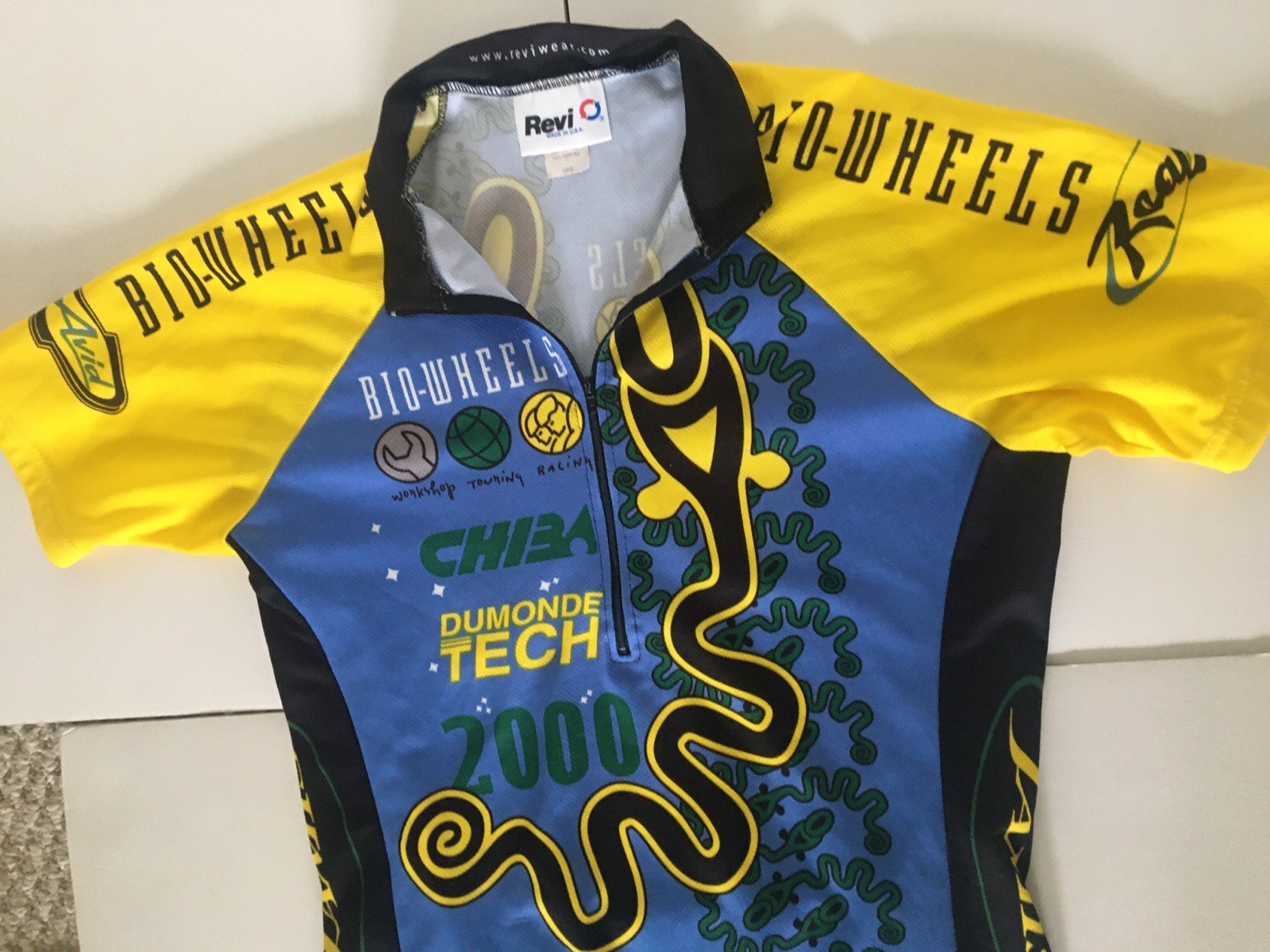 Cycling Shirt Jersey Revi Bio Wheels Chiba Polyester Zipper Front USA Large
