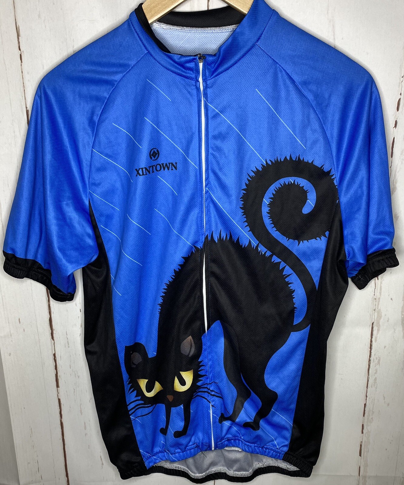Peak 1 Sports 1/2 Zip Men’s Size Large Cycling Jersey Shirt Black Cat Blue Gift