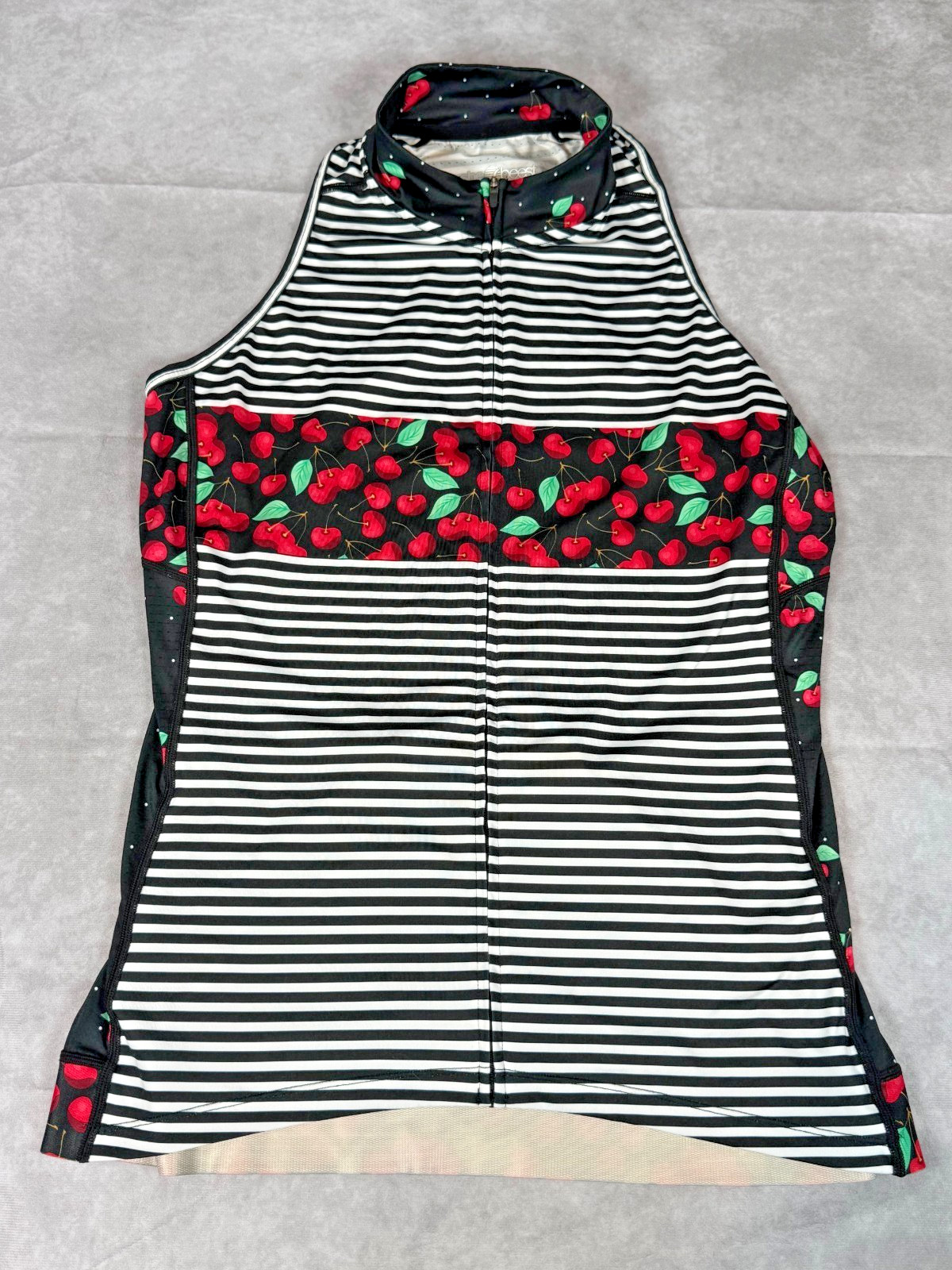Shebeest Women’s L Cherry Stripe Full Zip Sleeveless Cycling Jersey Bike Top