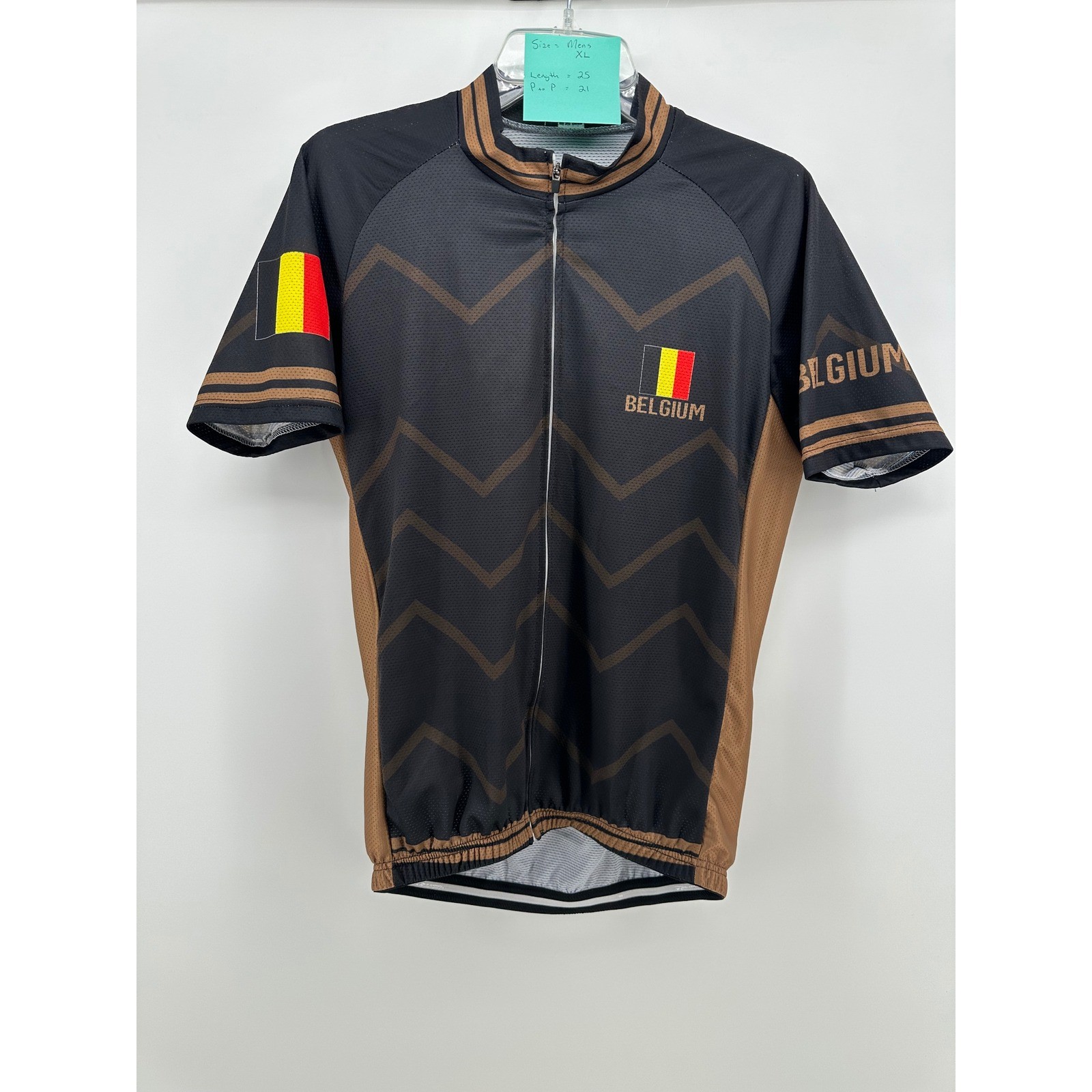 Belgium Cycling Jersey Mens XL Black Brown Chevron Full Zip Short Sleeve Mesh