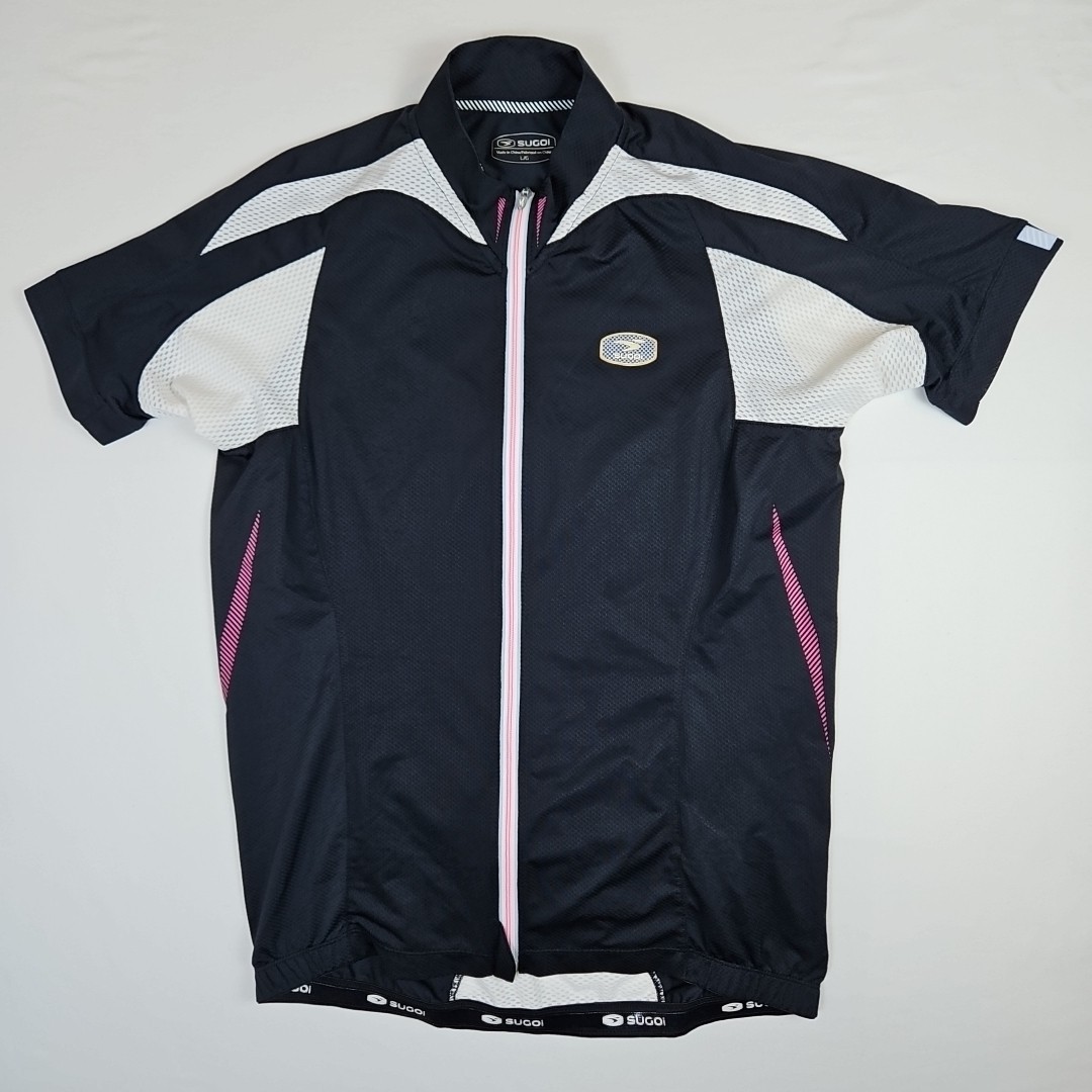 Sugoi RS Cycling Jersey Womens Large Black White Pink Full Zip 57307F Bike Shirt