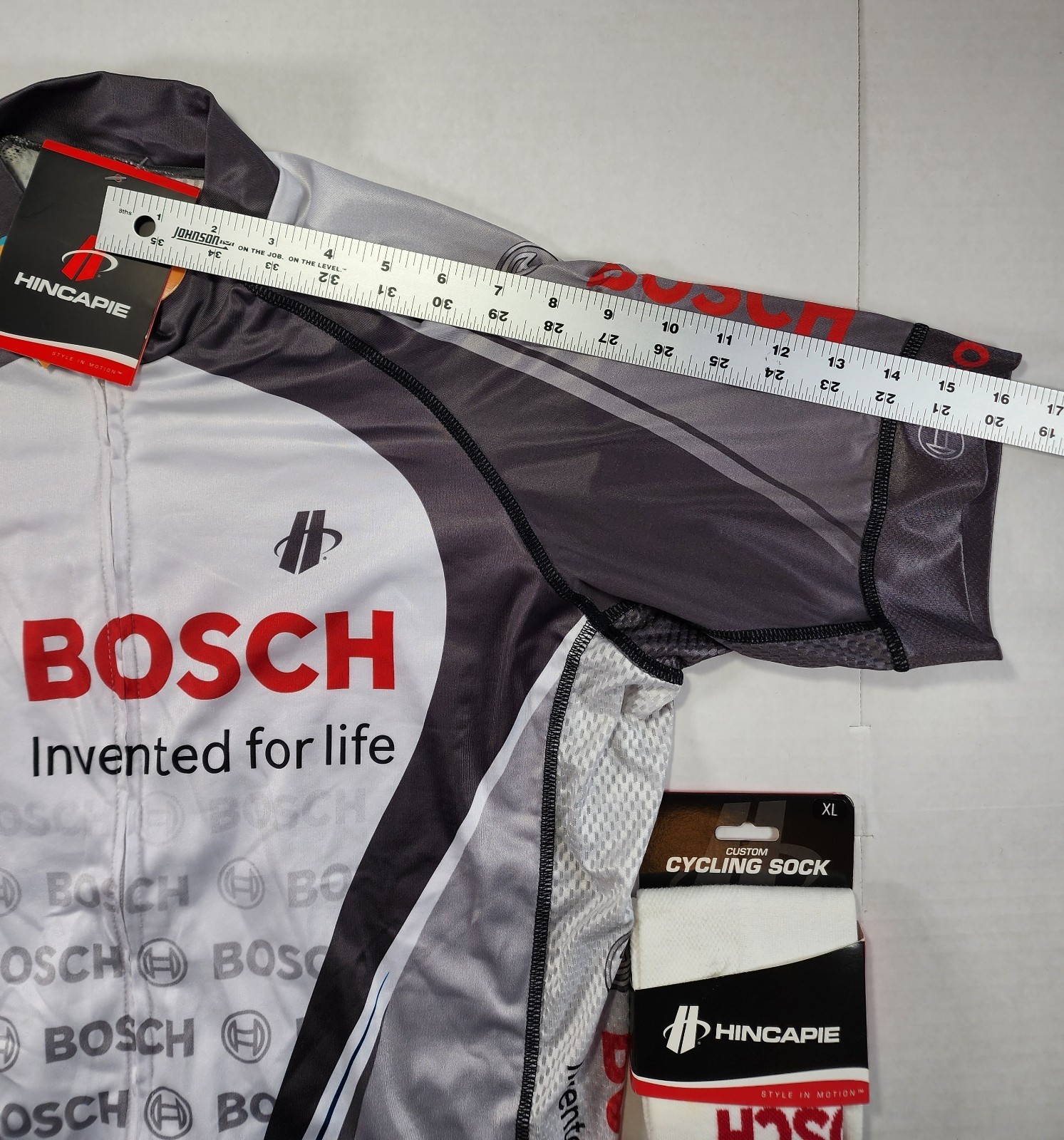 Hincapie Cycling Jersey Mens XL Gray White Graphic Athletic Race Fit Socks Bosch