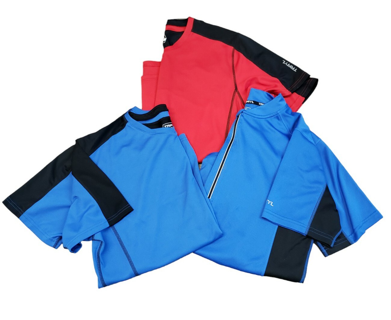 Lot Of 3 Trayl Mens Red Blue Pullover 1/4 Zip Cycling Jersey – Size L
