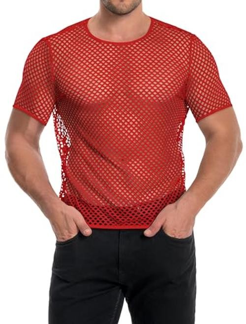 Men’s Mesh Fishnet Top Short Sleeve Sheer See Through T Shirt Fitted Large Red