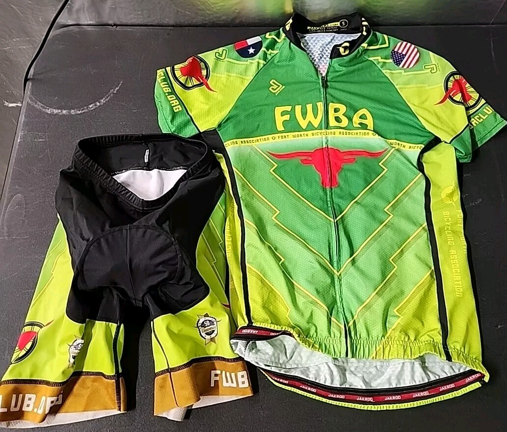 Set Jakroo FWBA Fort Worth Cycling Logo Full Zip Bike Jersey Shorts Womens Small