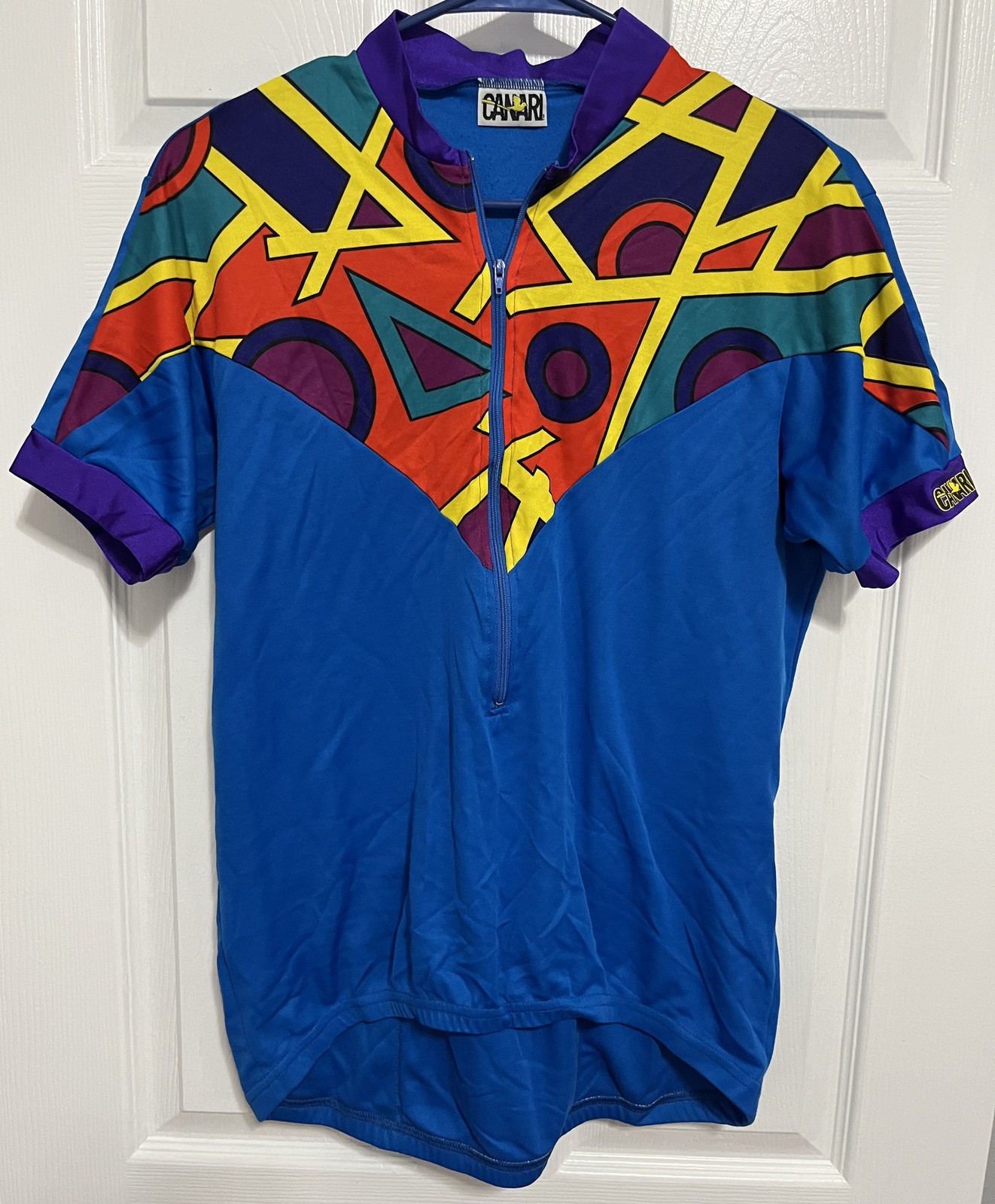 Vintage CANARI Cycling Jersey Men’s L Blue Multi-Color Geometric 1/4 Zip Made in