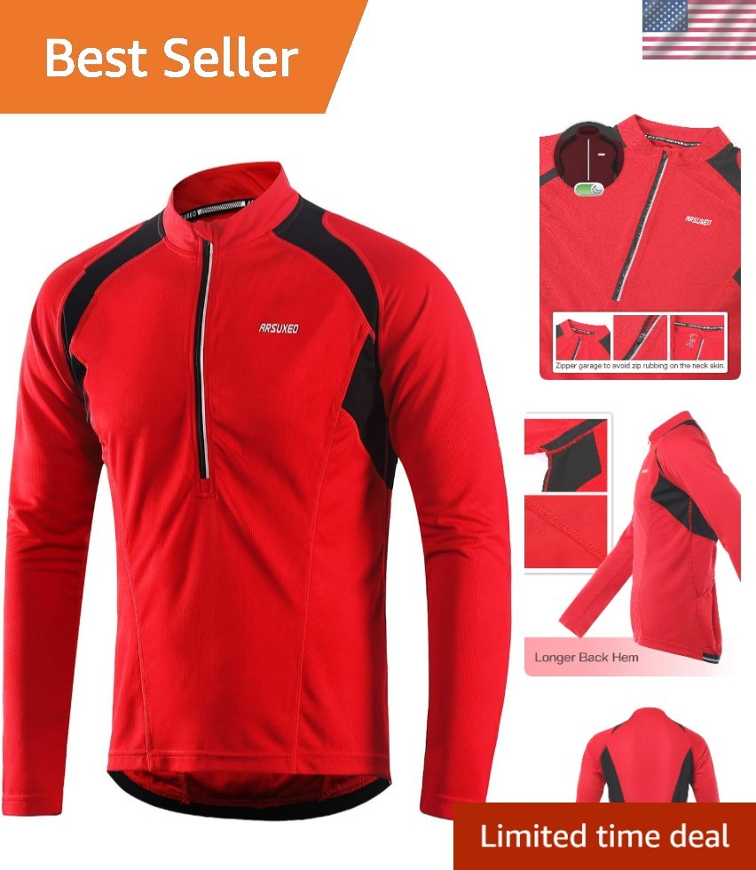 High Neck Long Sleeve Cycling Jersey for Men – Lightweight with 4 Pockets in Red