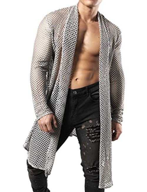 Men’s Mesh Fishnet Cardigan Fitted Muscle Top Medium Grey