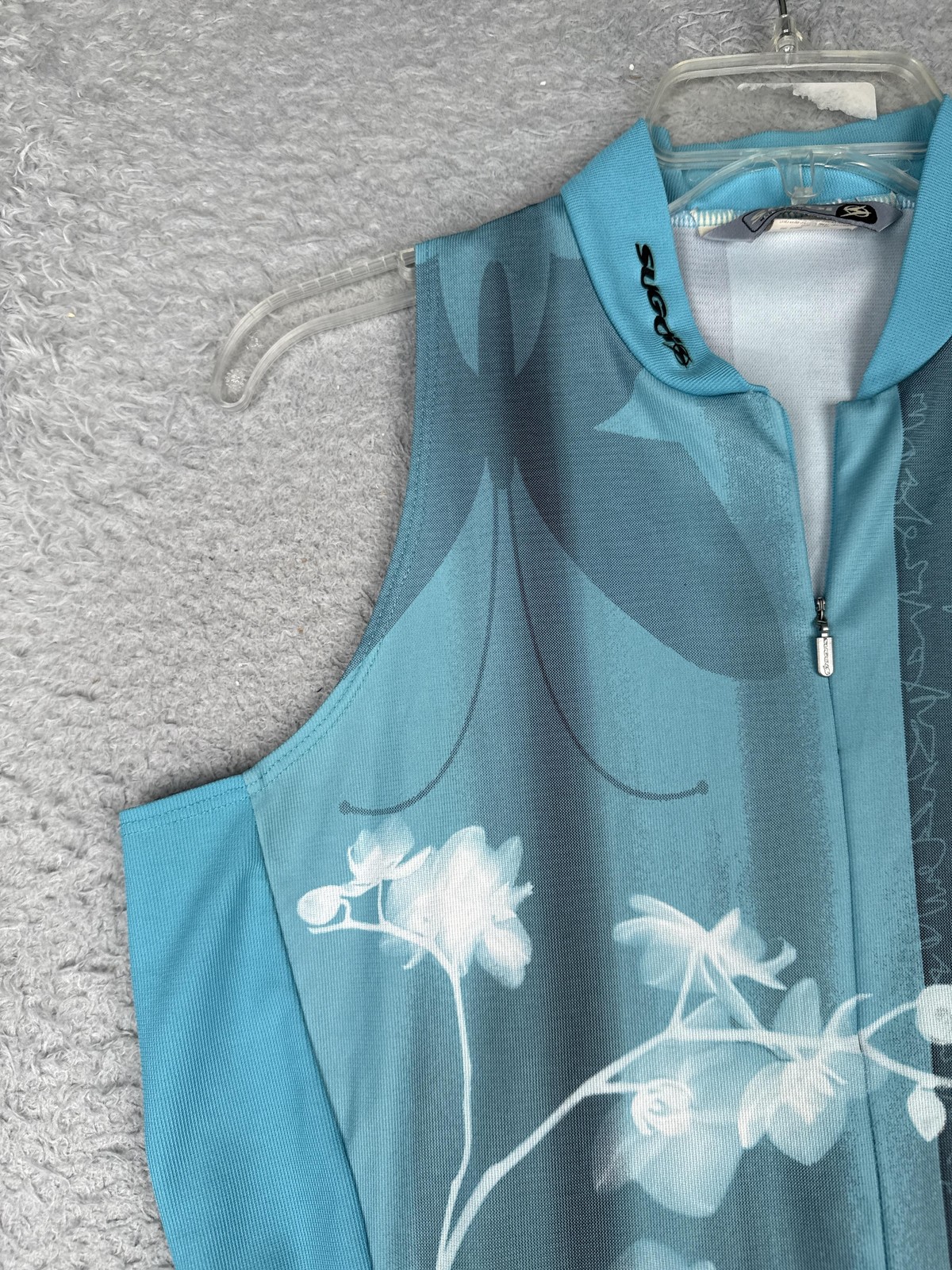 Sugoi Cycling Jersey Women Large Blue Floral Butterfly Tank 1/4 Zip Pockets Bike