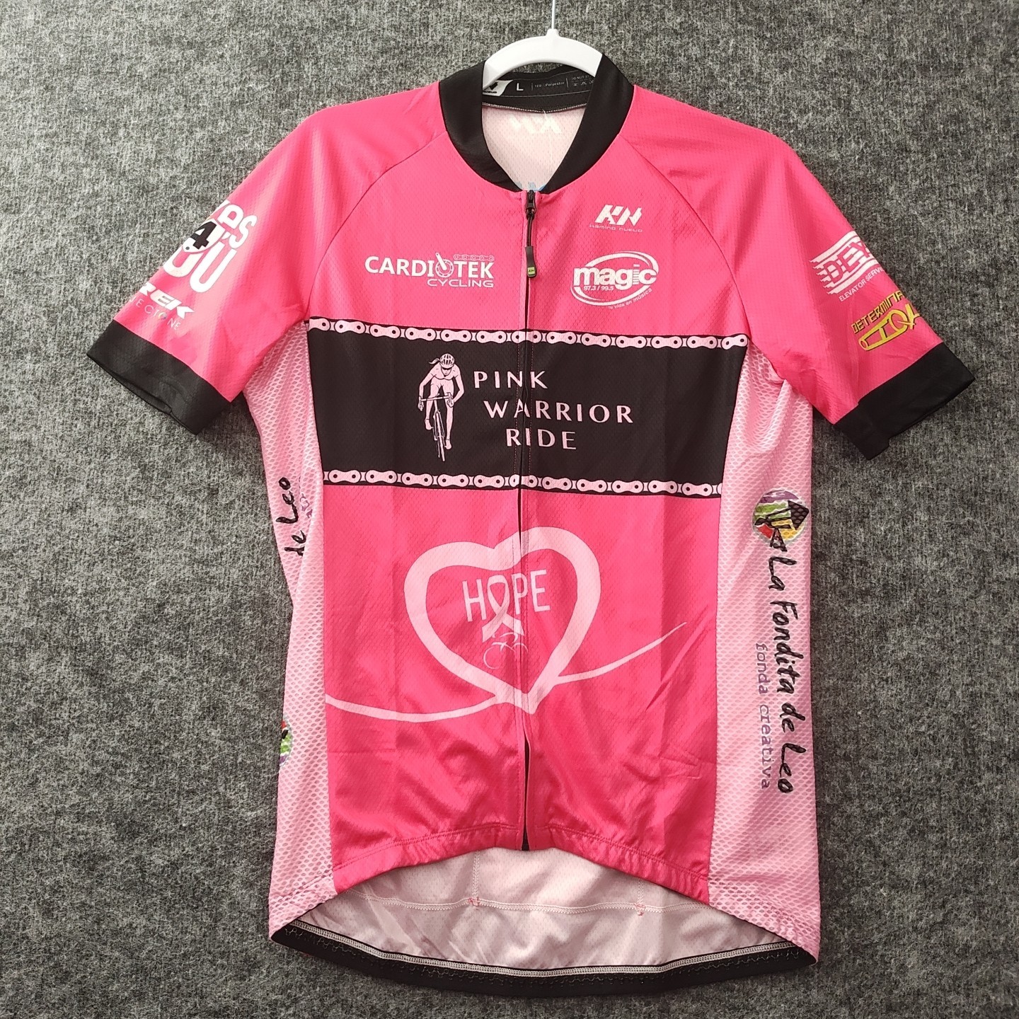 New Pink Warrior Ride Cycling Womens Jersey Large Full Zip Pink Back Pockets