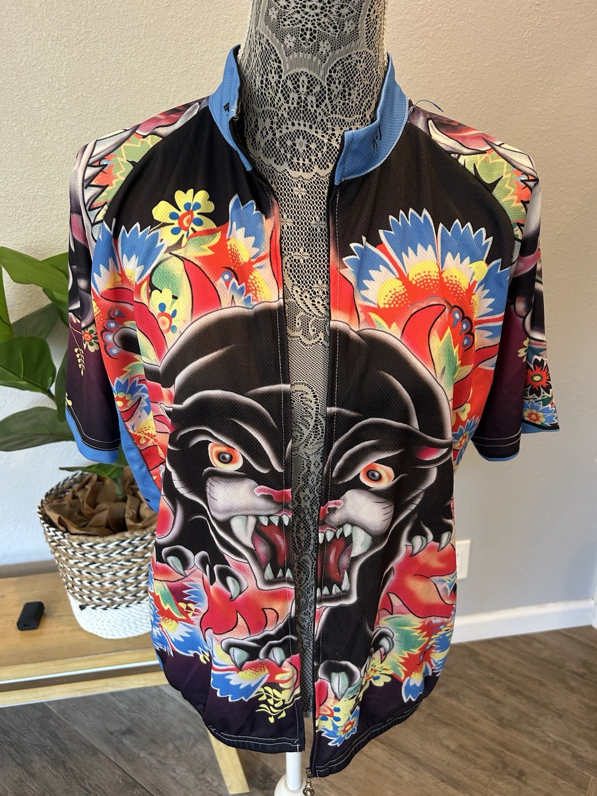 Paladin Floral Panther Tattoo Cycling Jersey Mens Sz 2XL Full Zip Hippie EUC