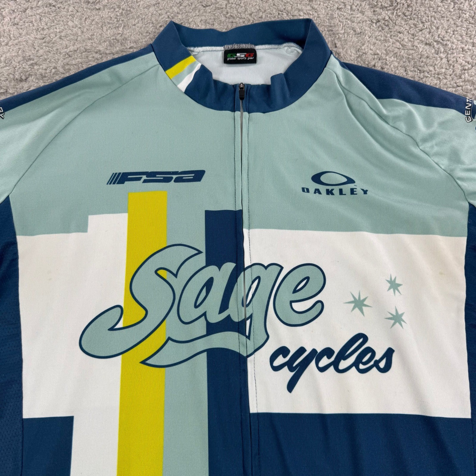 GSG Sage Cycles Oakley FSA Cycling Jersey Blue Teal Full Zip Short Sleeve Mens M