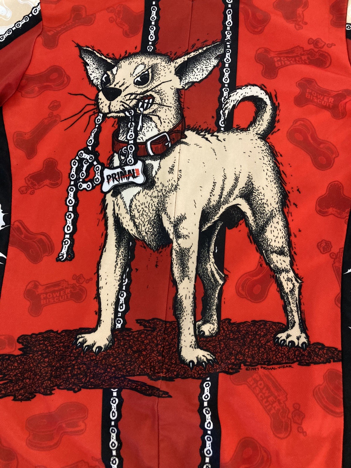VTG 1997 Primal Wear Dogma Cycling Jersey Mens L Power Biscuit Dog 3/4 Zip AOP