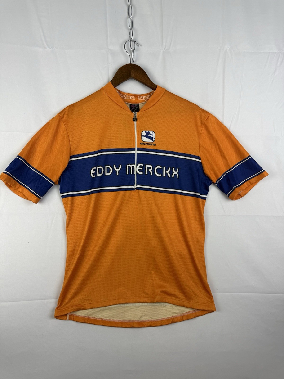 Vtg Giordana Eddy Merckx Cycling Jersey Orange Blue Photo Back Print Italy Sz. L