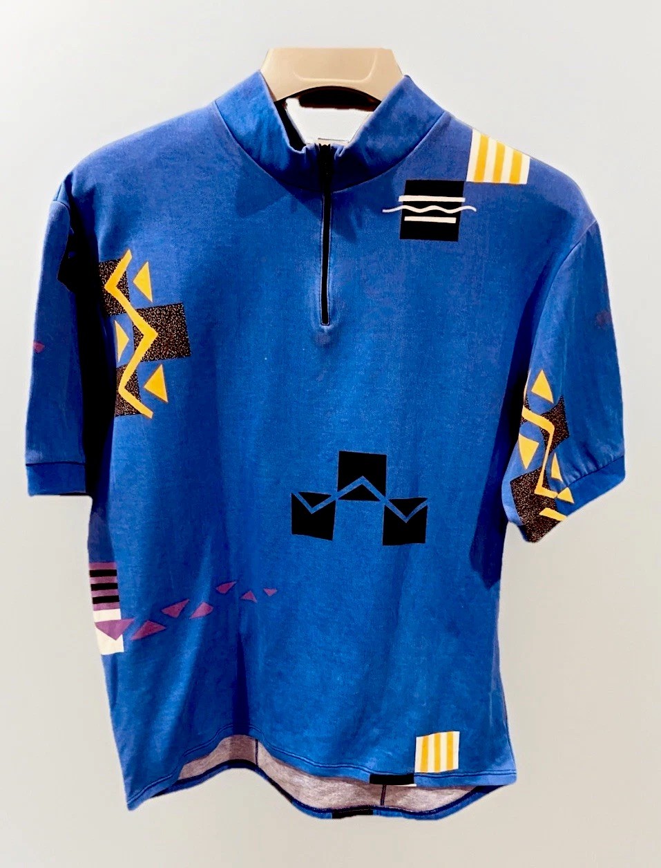Vintage 80s Cadence Cycling Funky Print Jersey Shirt Blue L Made In USA Purple