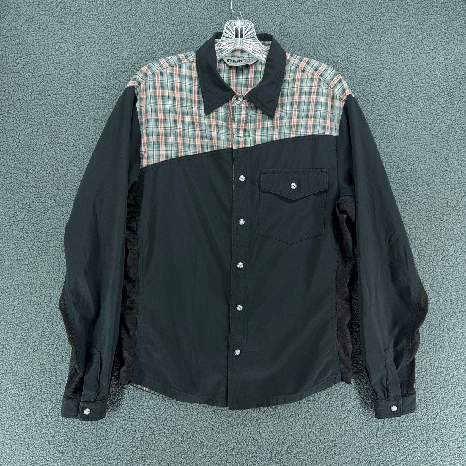 Club Ride Shirt Mens S Black Plaid Stretch Button Front Cycling Outdoor Hiking