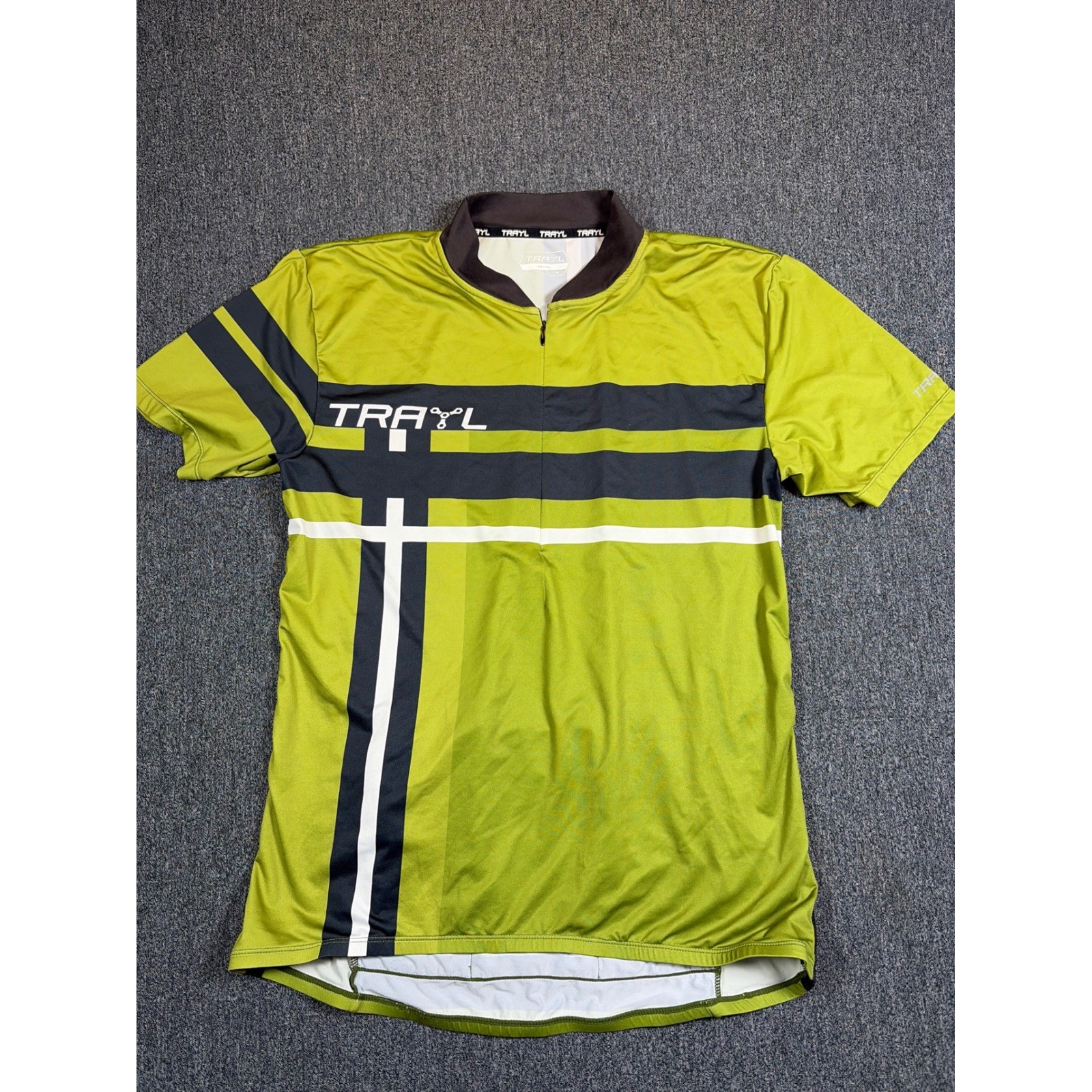 Trayl Mens Cycling Jersey Lime Green Black White Striped Reflective Size M
