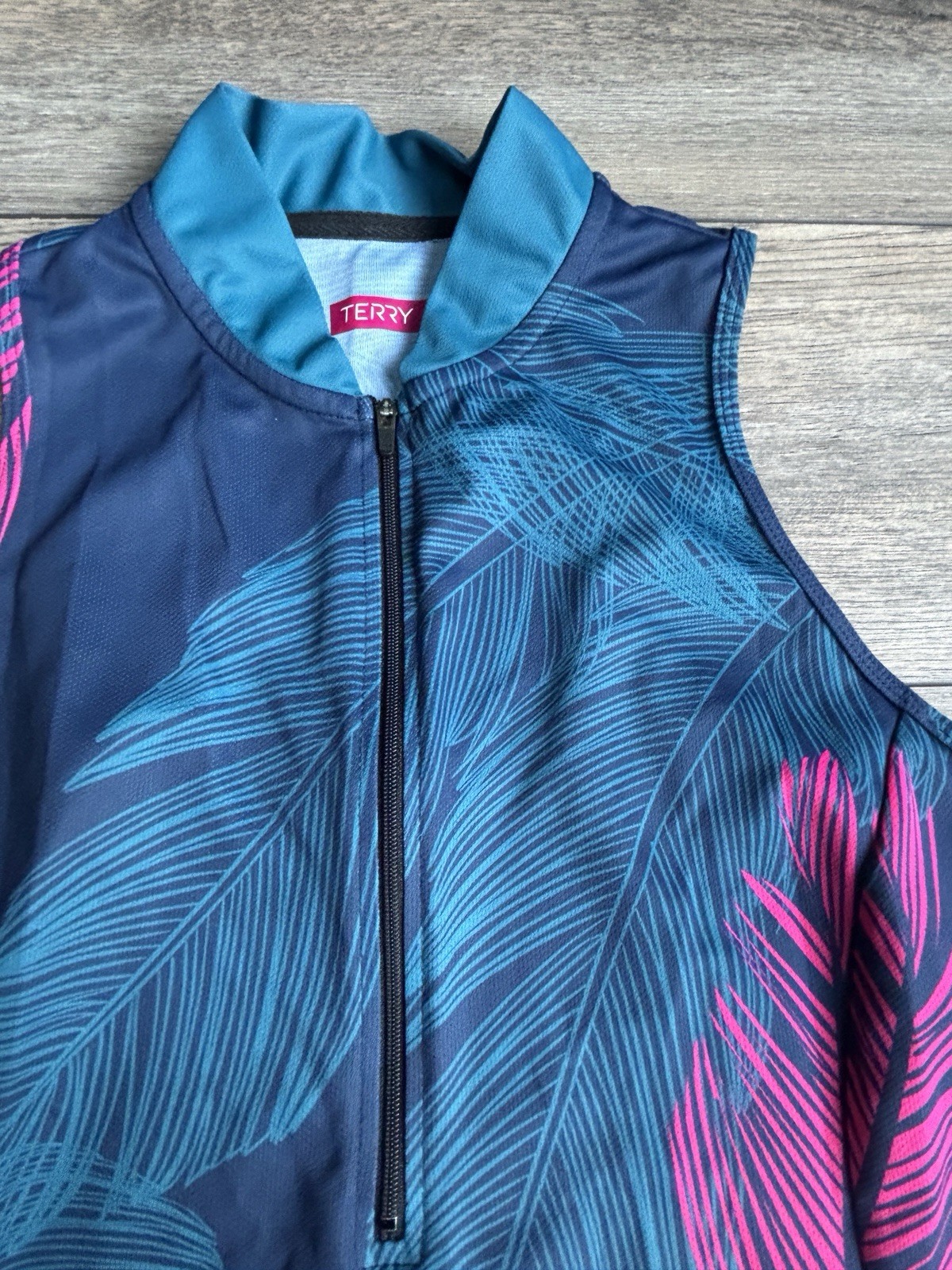 Terry Cycling Mesh Sleeveless Bike Jersey Tank Top Pink Blue Feathers Pockets L