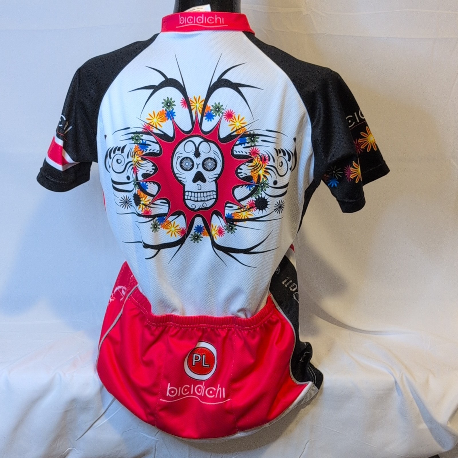 Bicidichi Skull Flower Graphic Cycling Jersey L Black White Red 3/4 Zip Pockets